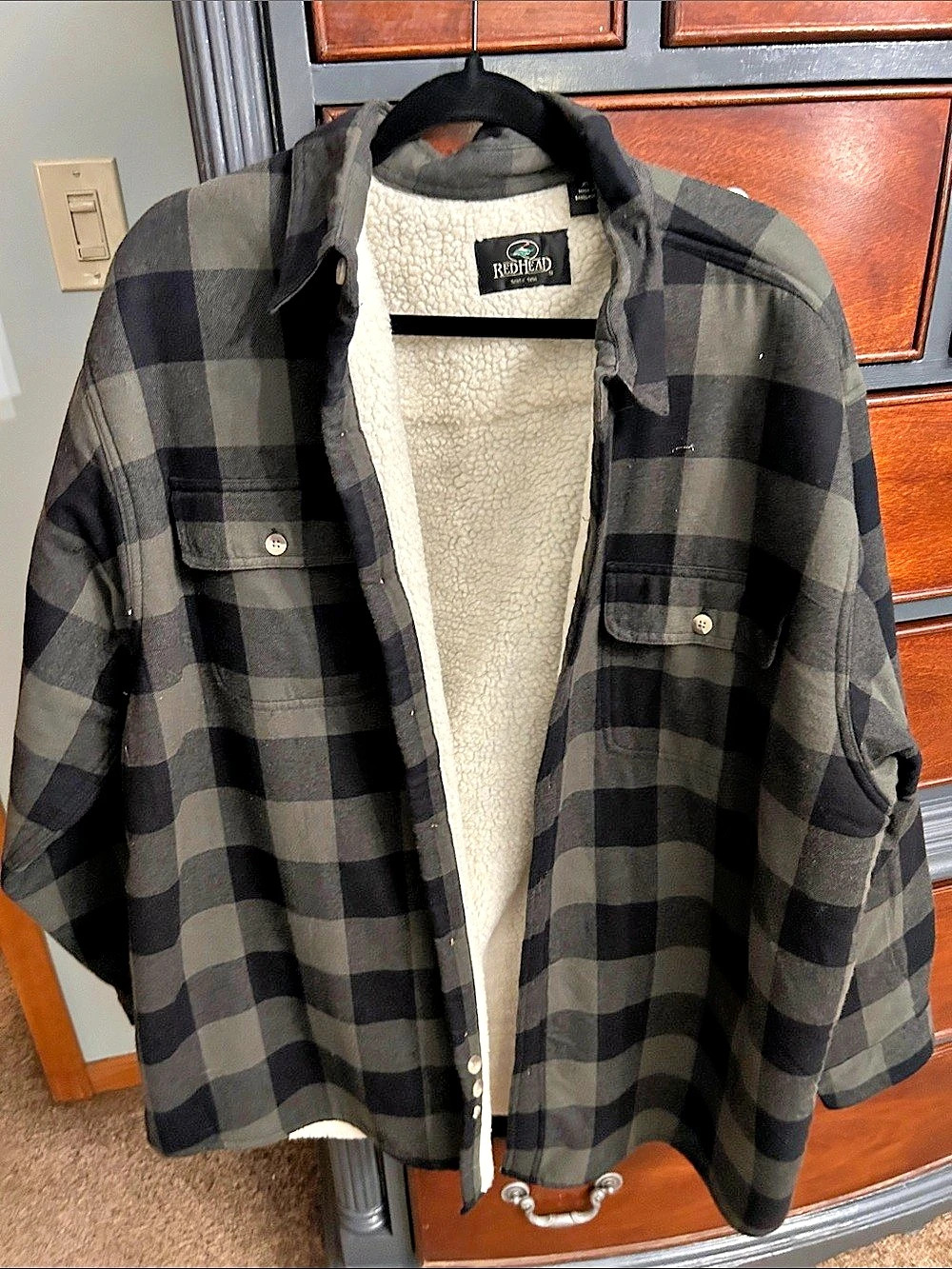 RedHead Sherpa Lined Plaid Flannel Shirt Jacket Black & Green XL